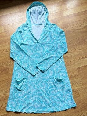 Coolibar Turquoise White Paisley Beach Cover-Up Long Sleeve UPF 50 Dress Sz L